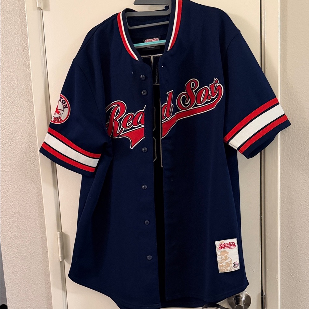 Majestic Navy Red Sox "Red Sox" Script Baseball JerseyJohnny Damon Red Sox